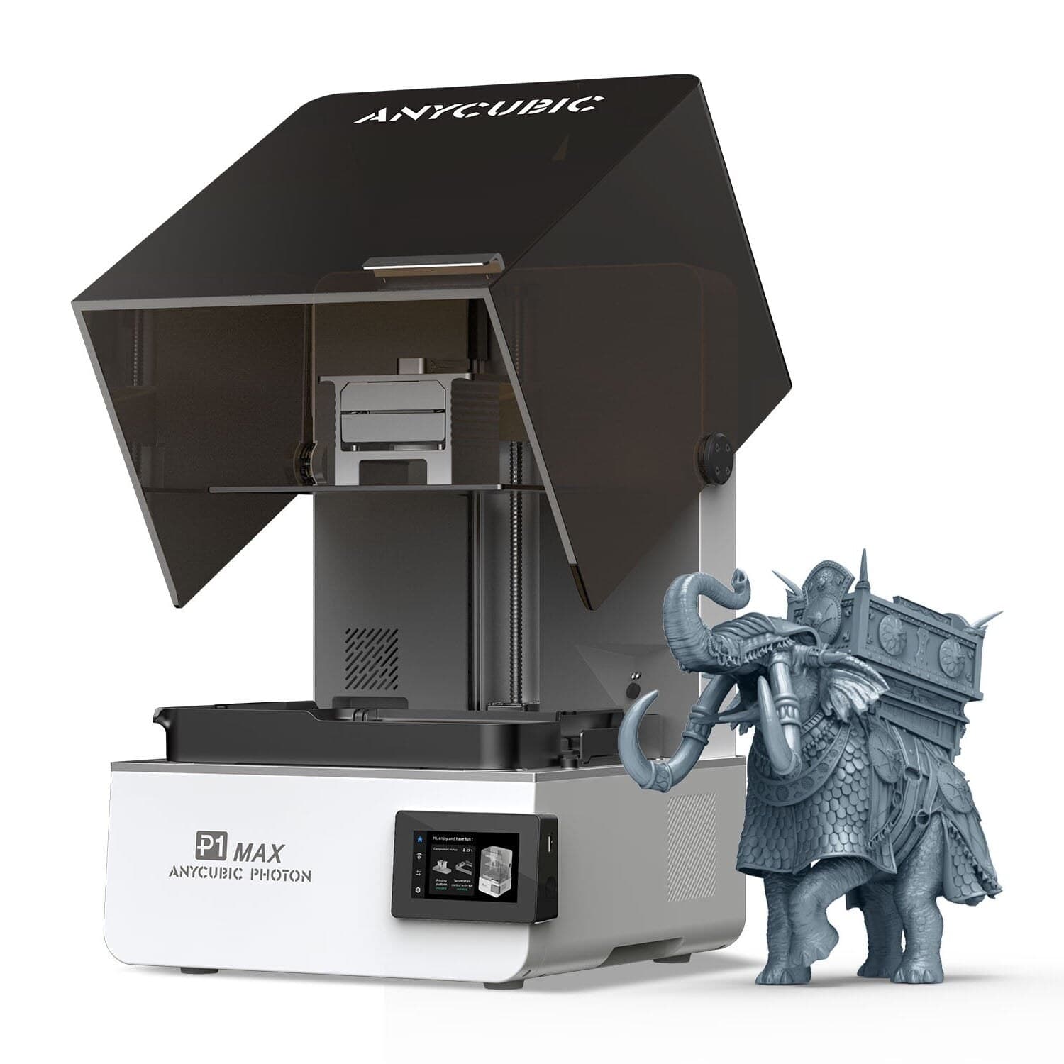 Anycubic Photon P1 Max с откинутой крышкой и напечатанной моделью