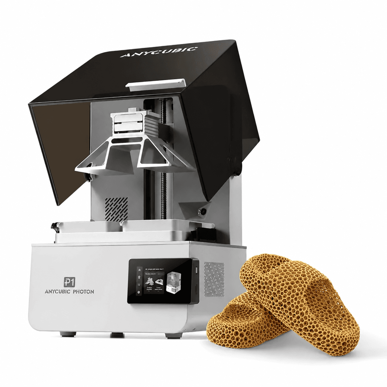 Anycubic Photon P1 с открытой крышкой и примером печати без рекламных значков
