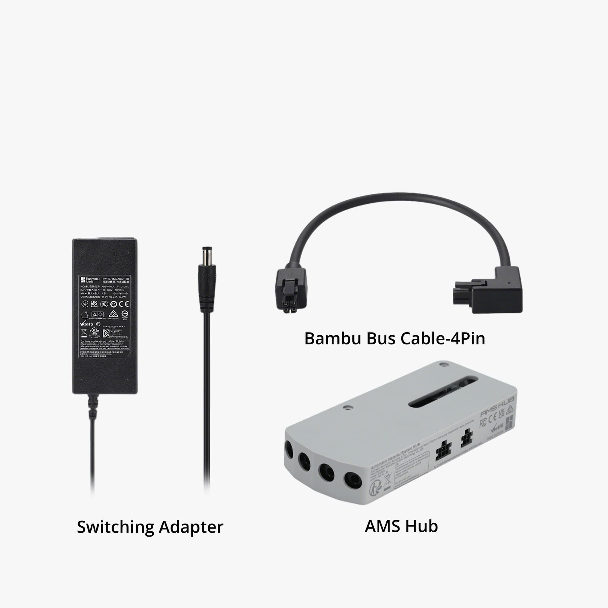 Комплект подключения AMS 2 Pro к X1 и P1: адаптер питания, кабель Bambu Bus 4-pin и хаб AMS