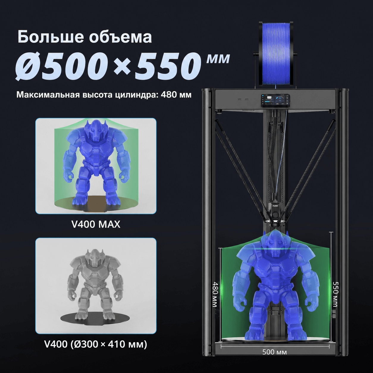 FLSUN V400 Max: область печати Ø500 × 550 мм