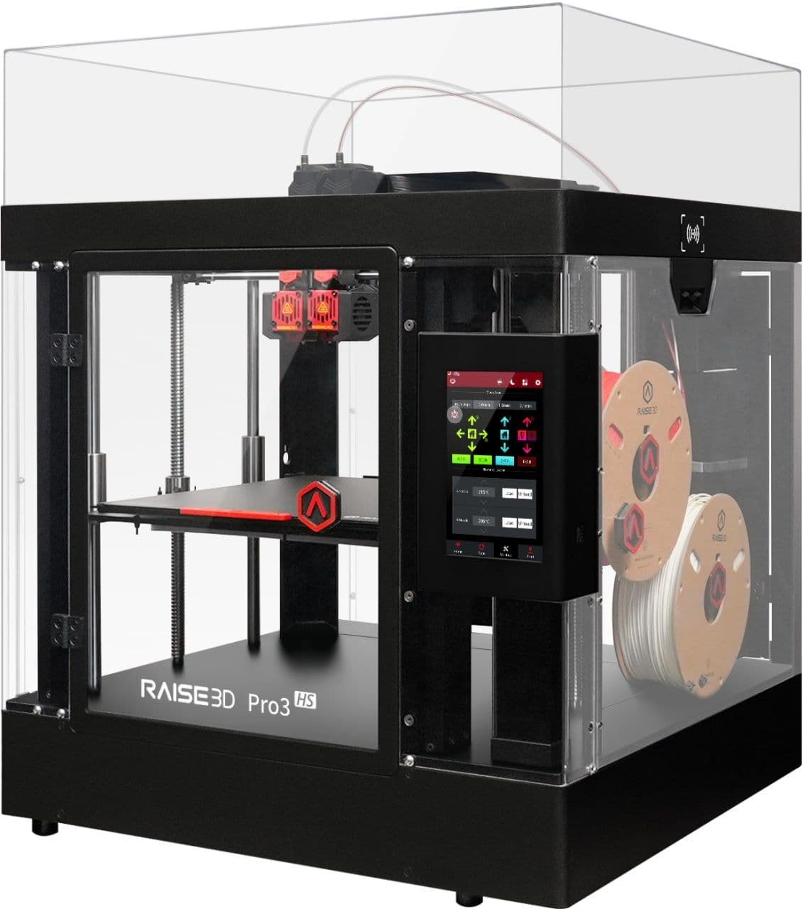 Raise3D Pro3 HS в три четверти с катушками филамента на боковой стенке