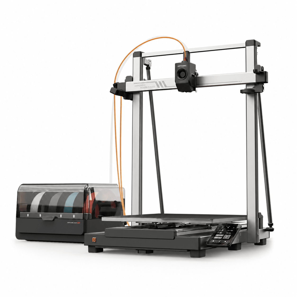Anycubic Kobra 3 Max Combo с одним ACE Pro и пустой платформой, вид в три четверти