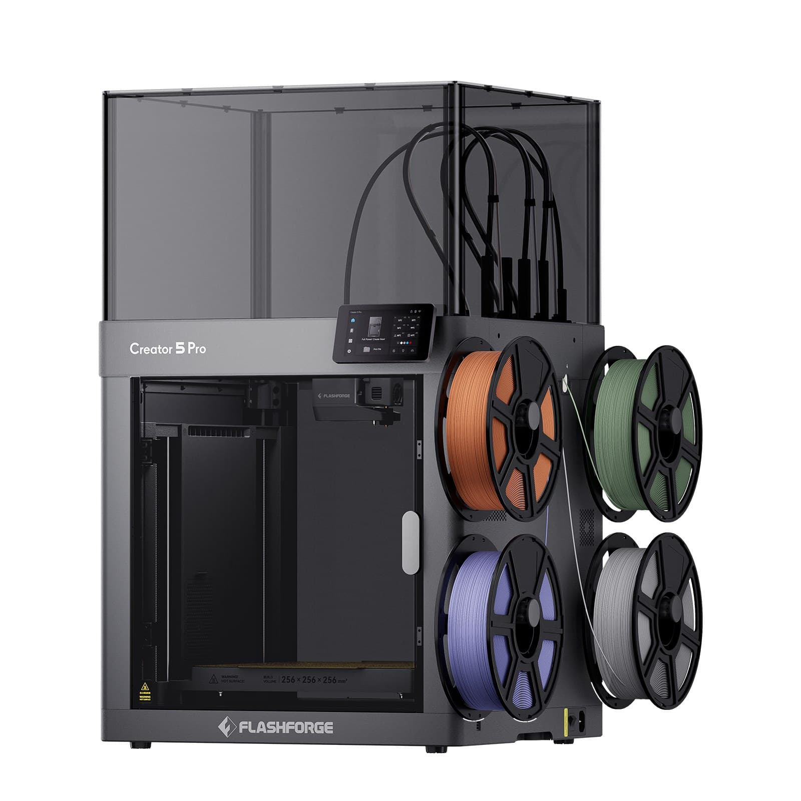 FlashForge Creator 5 Pro в закрытом корпусе с четырьмя катушками сбоку