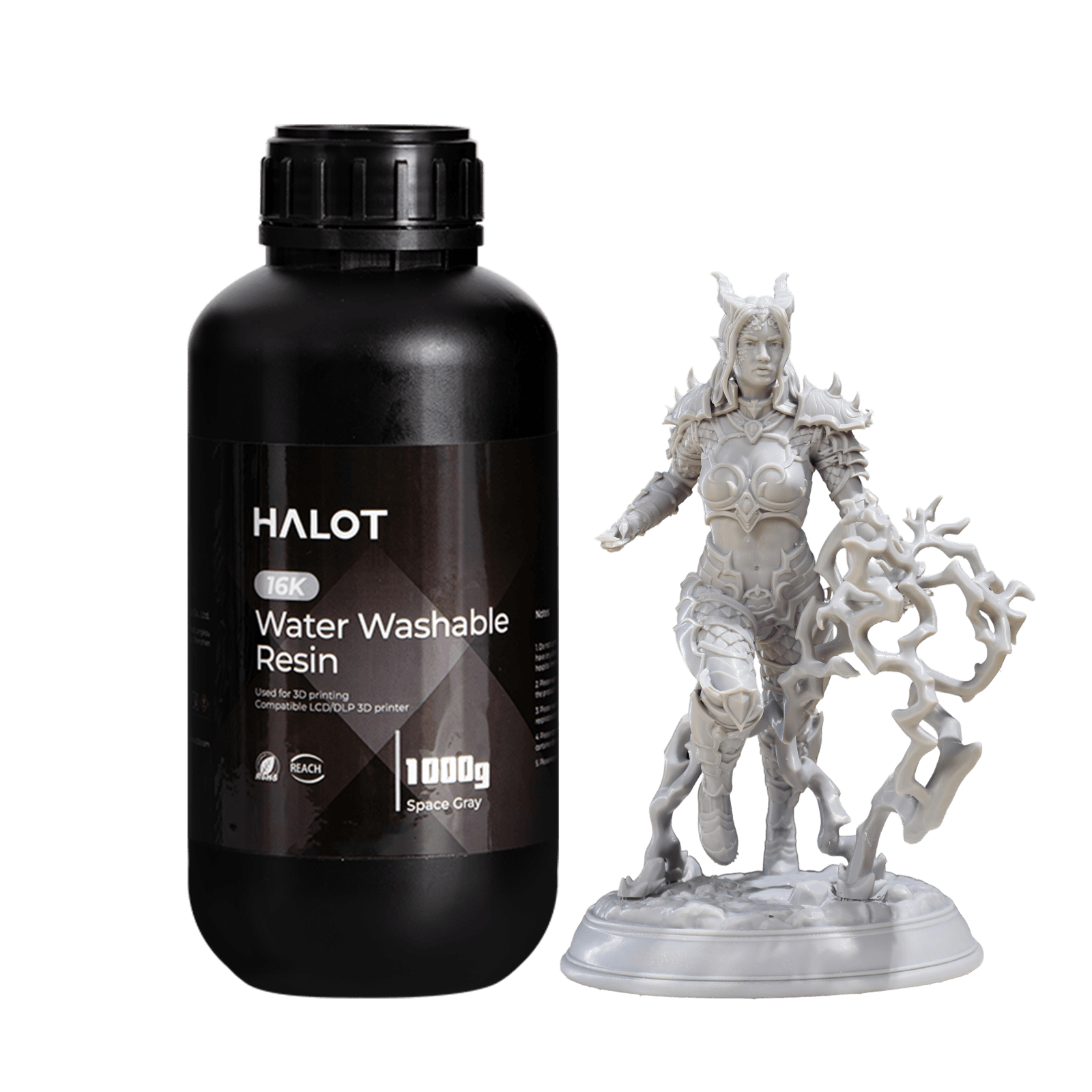 Фотополимерная смола Creality HALOT 16K Water Washable Space Gray, 1 кг, бутылка и пример модели