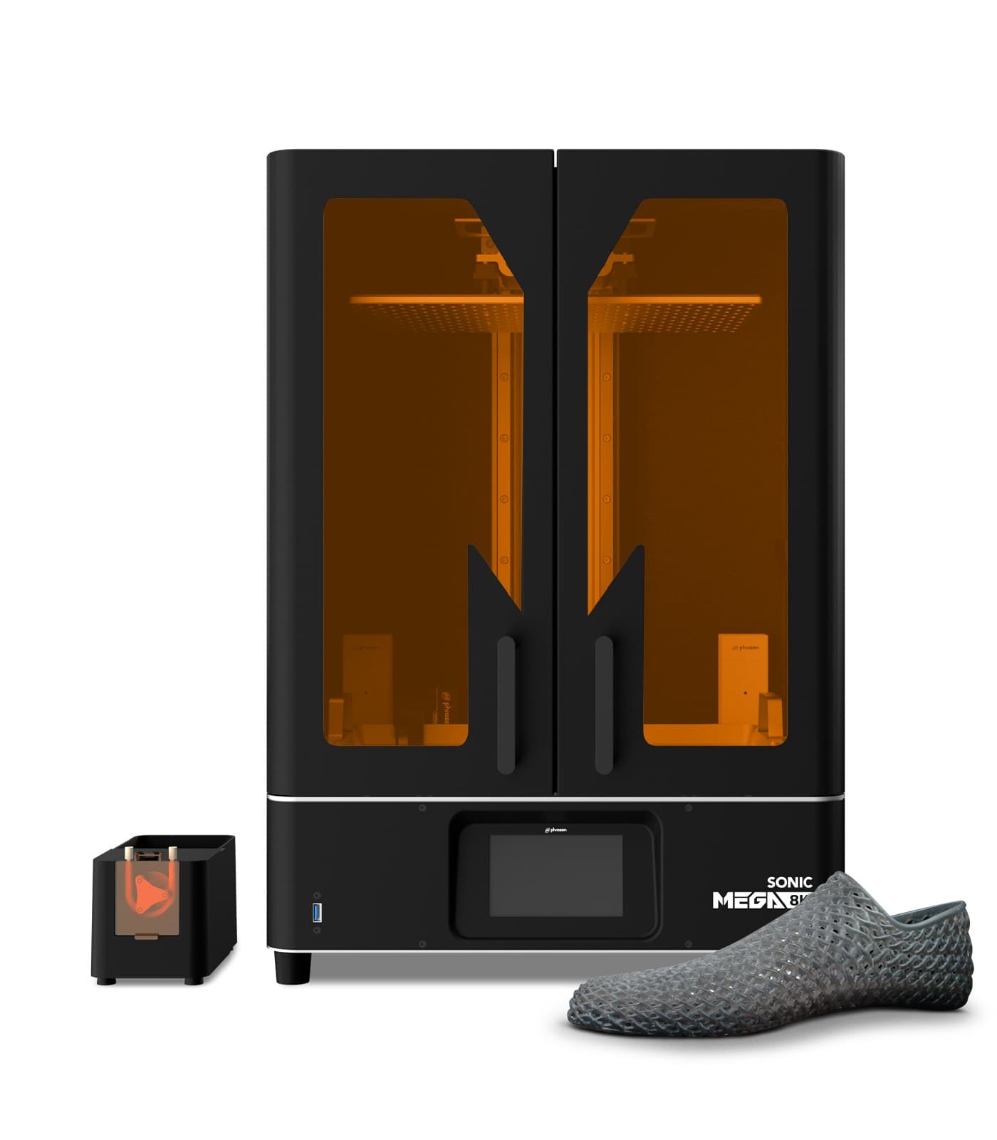 Phrozen Sonic Mega 8K V2 спереди: 15-дюймовая область печати за оранжевыми дверцами